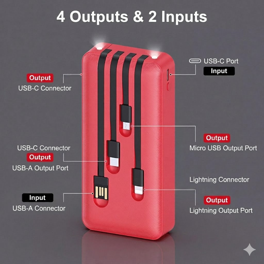 4-in-1 Power Bank 20000mAh – Built-in Cable Fast Charging Solution